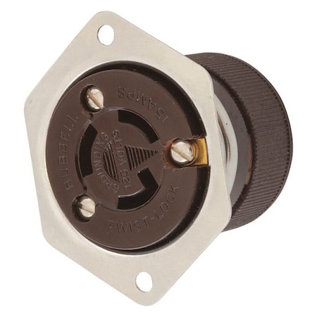 Flanged Locking Receptacle, L5-15R, 15 A, 125V AC, Single Phase, 2 Pole, Flush Mount, Brown, Silver MPN:HBL4715