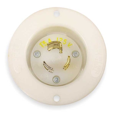 Flanged Locking Inlet, 15 A, 125V AC, Single Phase, 2 Pole, Flush Mount, Screw Terminals, White MPN:HBL4716C