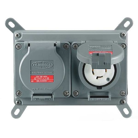 Watertight Duplex Receptacle, L16-30R, 30 A, 480V AC, Three Phase, 3 Pole, Flush Mount, Gray MPN:MCWF2120