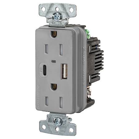 USBReceptacle, 15A, 1/2hp, Gry, Thrmplstc MPN:USB15ACPDGY