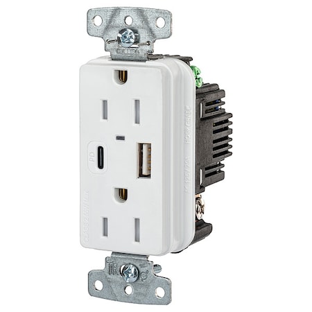 USBReceptacle, 15A, 1/2hp, Wht, Thrmplstc MPN:USB15ACPDW