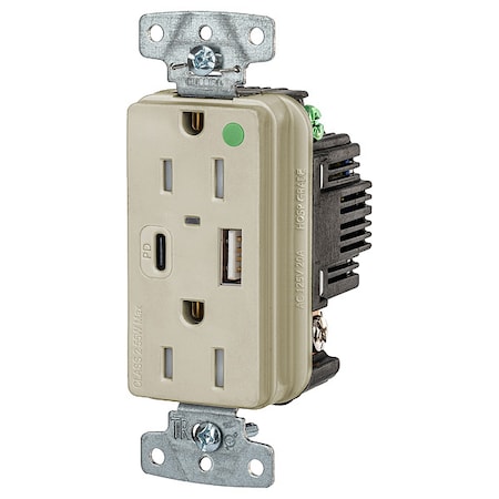 USBReceptacle, 15A, 1/2hp, Ivory, Thrmplstc MPN:USB8200ACPDI