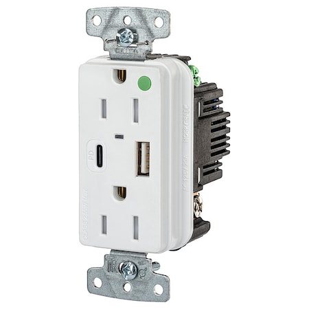 USBReceptacle, 15A, 1/2hp, Wht, Thrmplstc MPN:USB8200ACPDW