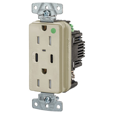 USBReceptacle, 15A, 1/2hp, Ivory, Thrmplstc MPN:USB8200CPDI