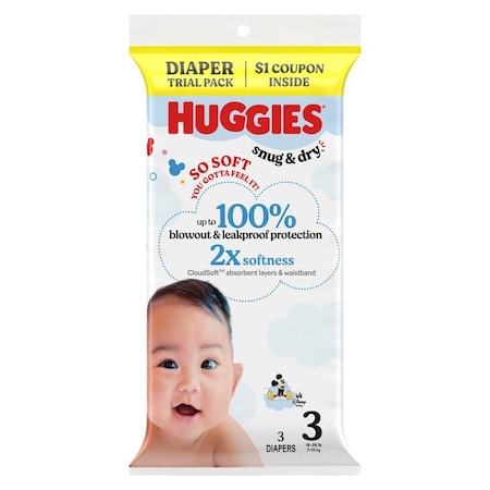 Infant Diapers, Snug & Dry, Polyester, Heavy, 3 Diaper Size, Trial Pack, 3 Diapers/Pack, 30 PK MPN:57029