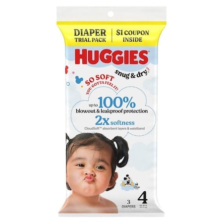 Infant Diapers, Snug & Dry, Polyester, Heavy, 4 Diaper Size, Trial Pack, 3 Diapers/Pack, 30 PK MPN:57030