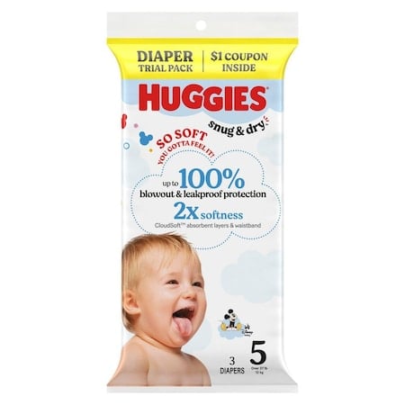 Infant Diapers, Snug & Dry, Polyester, Heavy, 5 Diaper Size, Trial Pack, 3 Diapers/Pack, 30 PK MPN:57031