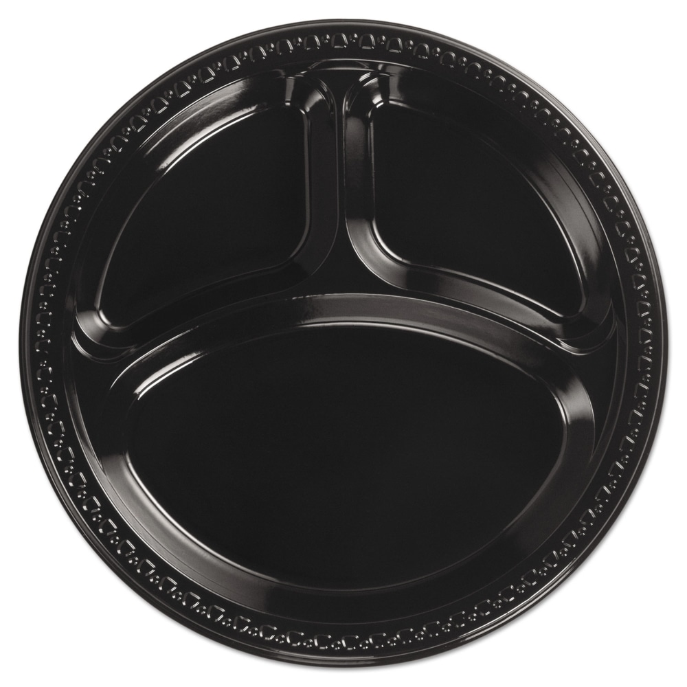 Chinet Heavyweight Plastic 3-Compartment Plates, 10-1/4in, Black, 125 Plates Per Pack, Cart Of 4 Packs MPN:81430