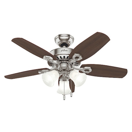Decorative Ceiling Fan, 42 in Blade Dia, 5 Blades, 3 Speeds, 120V AC, Brush Nickel MPN:52106