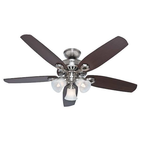 Decorative Ceiling Fan, 52 in Blade Dia, 5 Blades, 3 Speeds, 120V AC, Brushed Nickel MPN:53237