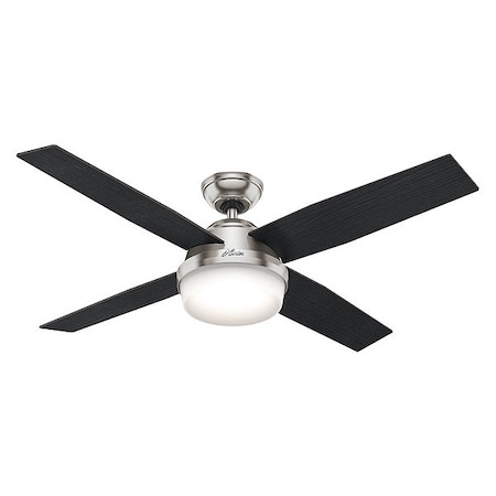 Decorative Ceiling Fan, 52 in Blade Dia, 4 Blades, 3 Speeds, 120V AC, Brush Nickel MPN:59216