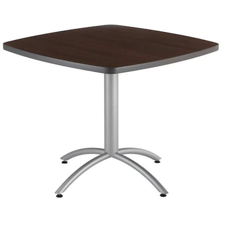 CafeWorks Cafe/Breakroom Table, Walnut Top, Silver Frame, 36 in W x 36 in L x 30 in H MPN:65614