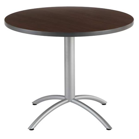 CafeWorks Cafe/Breakroom Table, Walnut Top, Silver Frame, 36 in Dia x 30 in H MPN:65624