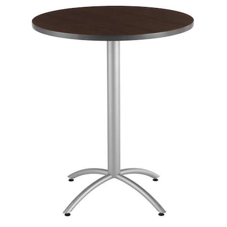 CafeWorks Cafe/Breakroom Table, Walnut Top, Silver Frame, 36 in Dia x 42 in H MPN:65664