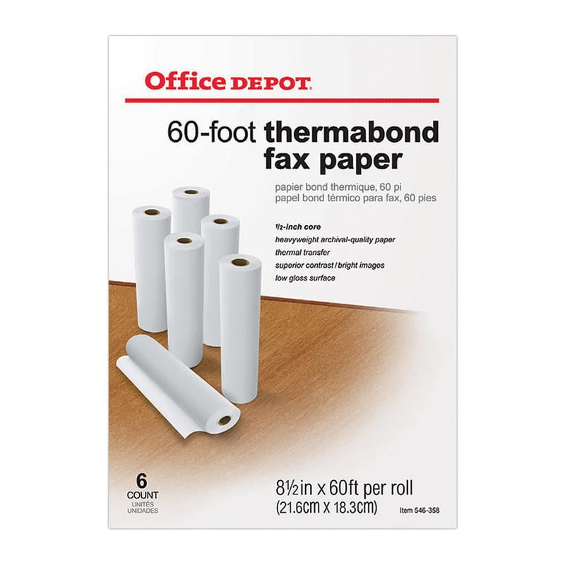 Office Depot Brand Thermabond Fax Paper, 1/2in Core, 60ft Roll, Box Of 6 Rolls (Min Order Qty 2) MPN:546358
