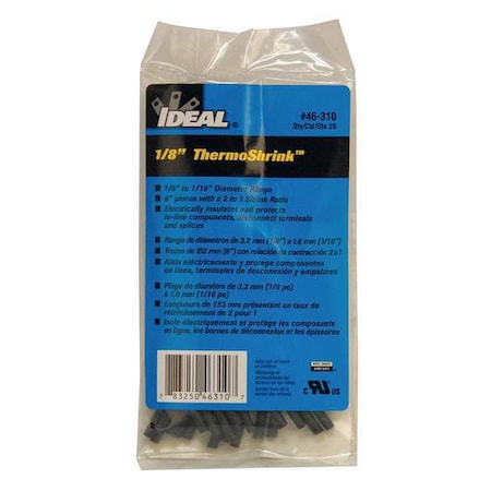 Heat Shrink Tube, Thin Wall, 2:1 I.D. Shrink Ratio, 0.15 in I.D. Before Shrinking, Black, 6 in MPN:46-310