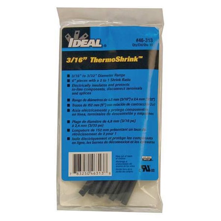 Heat Shrink Tube, Thin Wall, 2:1 I.D. Shrink Ratio, 0.21 in I.D. Before Shrinking, Black, 6 in MPN:46-313