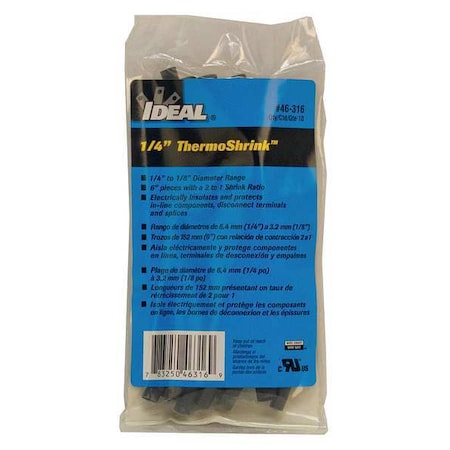 Heat Shrink Tube, Thin Wall, 2:1 I.D. Shrink Ratio, 0.27 in I.D. Before Shrinking, Black, 6 in MPN:46-316