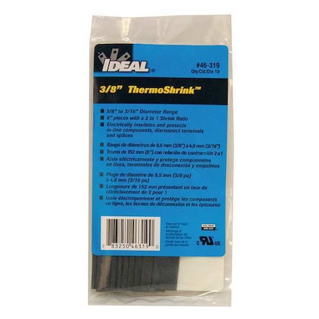 Heat Shrink Tube, Thin Wall, 2:1 I.D. Shrink Ratio, 0.42 in I.D. Before Shrinking, Black, 6 in MPN:46-319