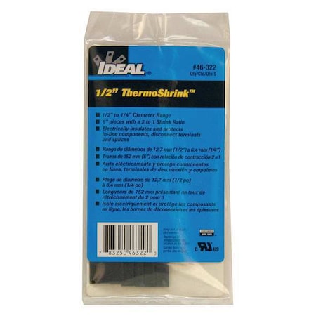 Heat Shrink Tube, Thin Wall, 2:1 I.D. Shrink Ratio, 0.54 in I.D. Before Shrinking, Black, 6 in MPN:46-322