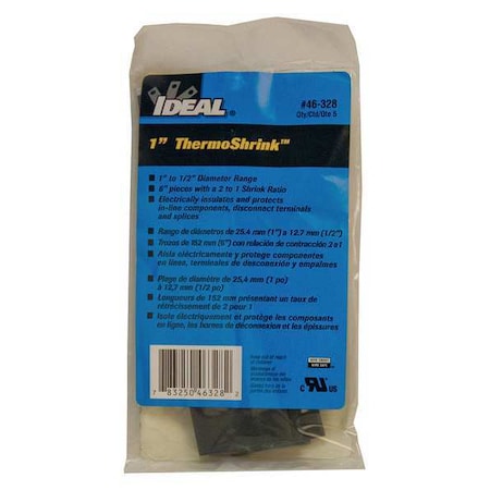 Heat Shrink Tube, Thin Wall, 2:1 I.D. Shrink Ratio, 1.04 in I.D. Before Shrinking, Black, 6 in MPN:46-328