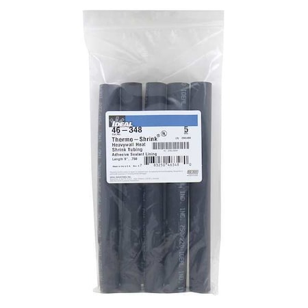 Adhesive Lined Heat Shrink Tube, Heavy Wall, 3:1 I.D. Shrink Ratio, 0.75 in I.D. Before Shrinking, 5 PK MPN:46-348