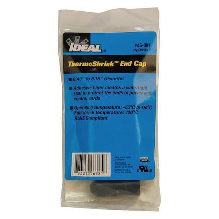 Adhesive Lined Heat Shrink End Cap, Medium Wall, 3:1 I.D. Shrink Ratio, Black, 1-3/4 in, 5 PK MPN:46-381