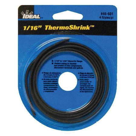 Heat Shrink Tube, Thin Wall, 2:1 I.D. Shrink Ratio, 0.08 in I.D. Before Shrinking, Black, 4 ft MPN:46-601