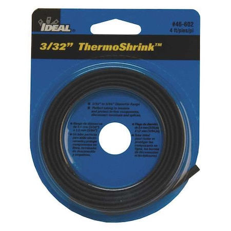 Heat Shrink Tube, Thin Wall, 2:1 I.D. Shrink Ratio, 0.12 in I.D. Before Shrinking, Black, 4 ft MPN:46-602