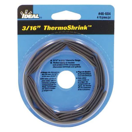 Heat Shrink Tube, Thin Wall, 2:1 I.D. Shrink Ratio, 0.21 in I.D. Before Shrinking, Black, 4 ft MPN:46-604