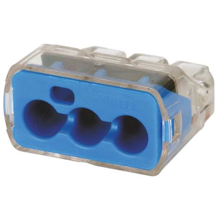 Push-In Wire Connector, 10 AWG Max, 3 Port, Blue, Polycarbonate Insulation, 600 V, 30 A, 50 PK MPN:30-1039