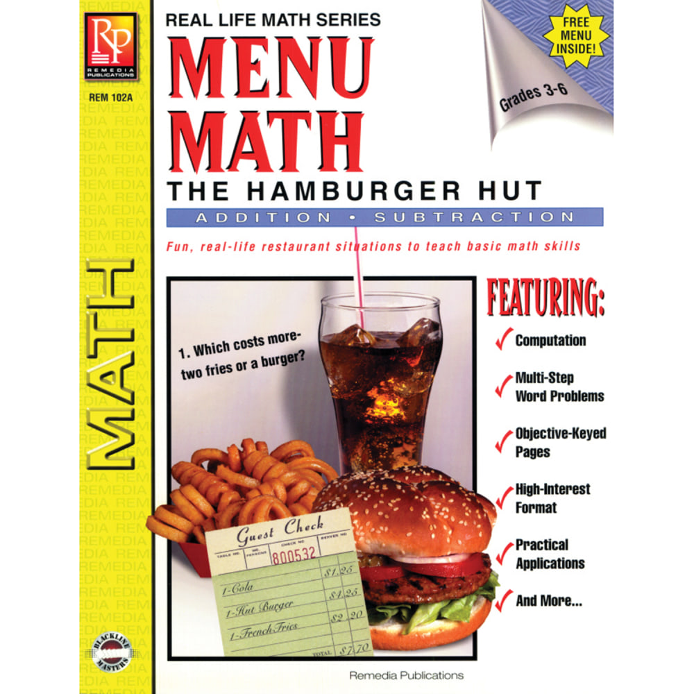 Remedia Publications Menu Math Book, The Hamburger Hut Addition & Subtraction, Grade 3 To 6 MPN:REM102A