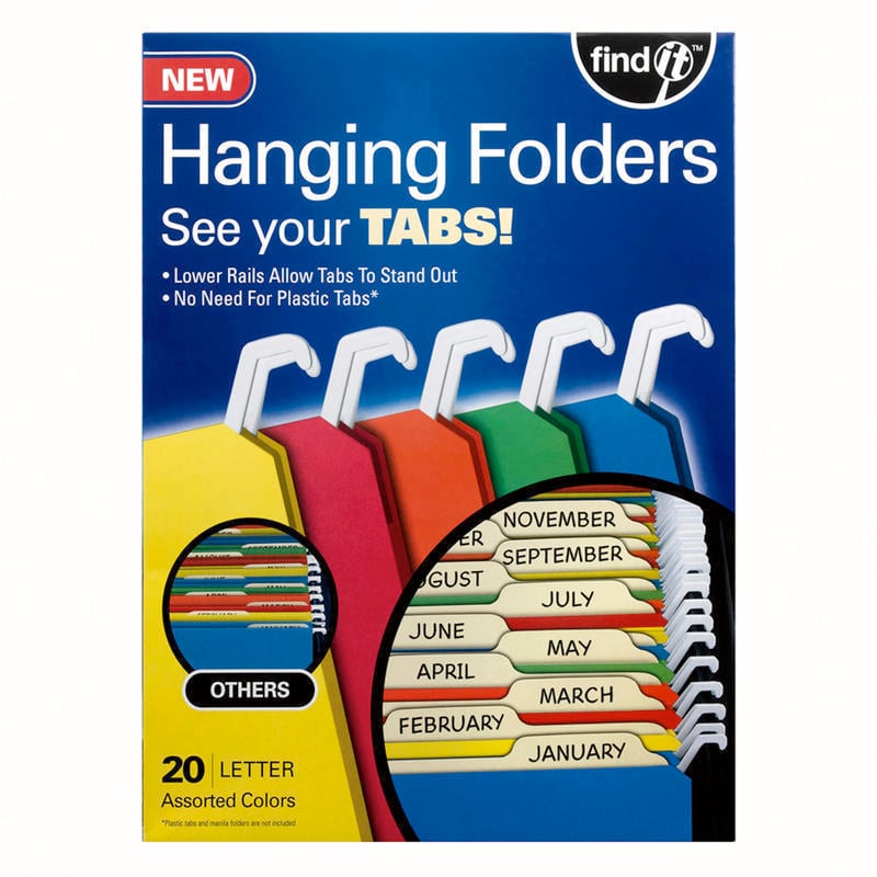 Find It Tab-View Hanging File Folders, Letter Size, 70% Recycled, Assorted Colors, Pack Of 20 (Min Order Qty 7) MPN:FT07134