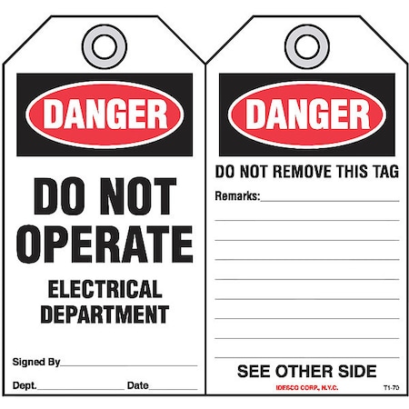 Electrical Dept Safety Tag, PK10 MPN:KAT170AC