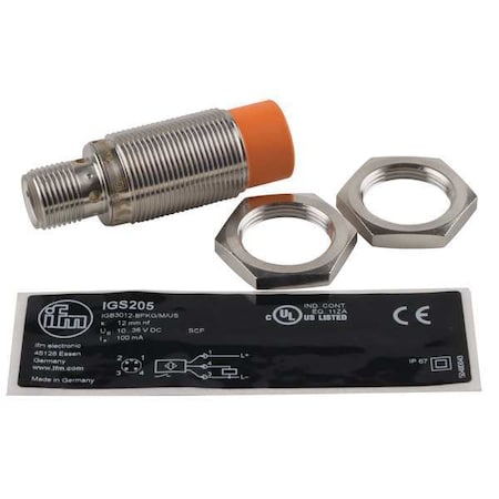 Cylindrical, Inductive Proximity Sensor, 18 mm Dia., Brass, M12, 3 Wires, Unshielded MPN:IGS205