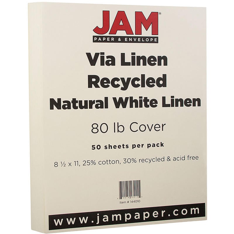 JAM Paper Card Stock, Strathmore Natural White Linen, Letter (8.5in x 11in), 80 Lb, 30% Recycled, Pack Of 50 MPN:144010