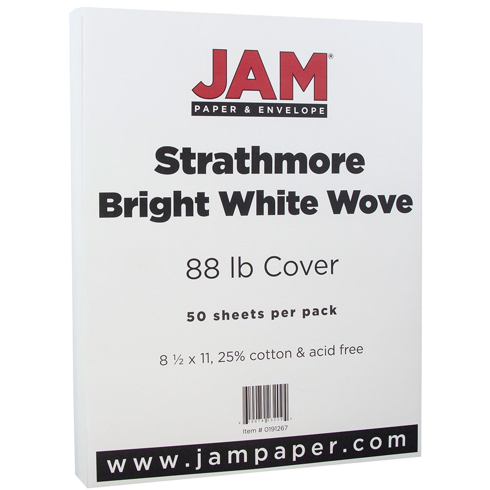 JAM Paper Card Stock, Strathmore Bright White Wove, Letter (8.5in x 11in), 88 Lb, Pack Of 50 MPN:191267