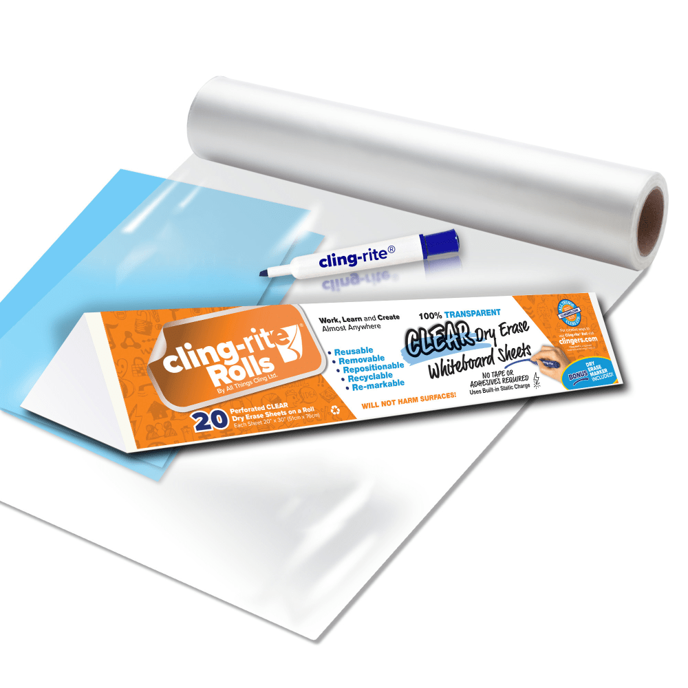 Clingers Cling-Rite Dry-Erase Sheets, 20in x 30in, 50ft Roll, Clear, Roll Of 20 Sheets MPN:CGS1004CLINGRITE