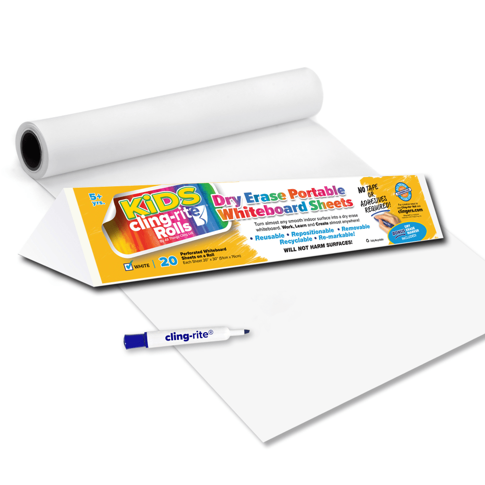 Clingers Cling-Rite Dry-Erase Sheets, 20in x 30in, 50ft Roll, Kids/White, Roll Of 20 Sheets MPN:CGS1005CLINGRITE