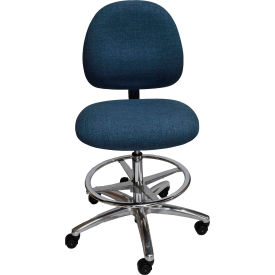 ESD Stool with Footrest - High Back - Fabric - Blue - Aluminum Base AE20W-FC Blue-413
