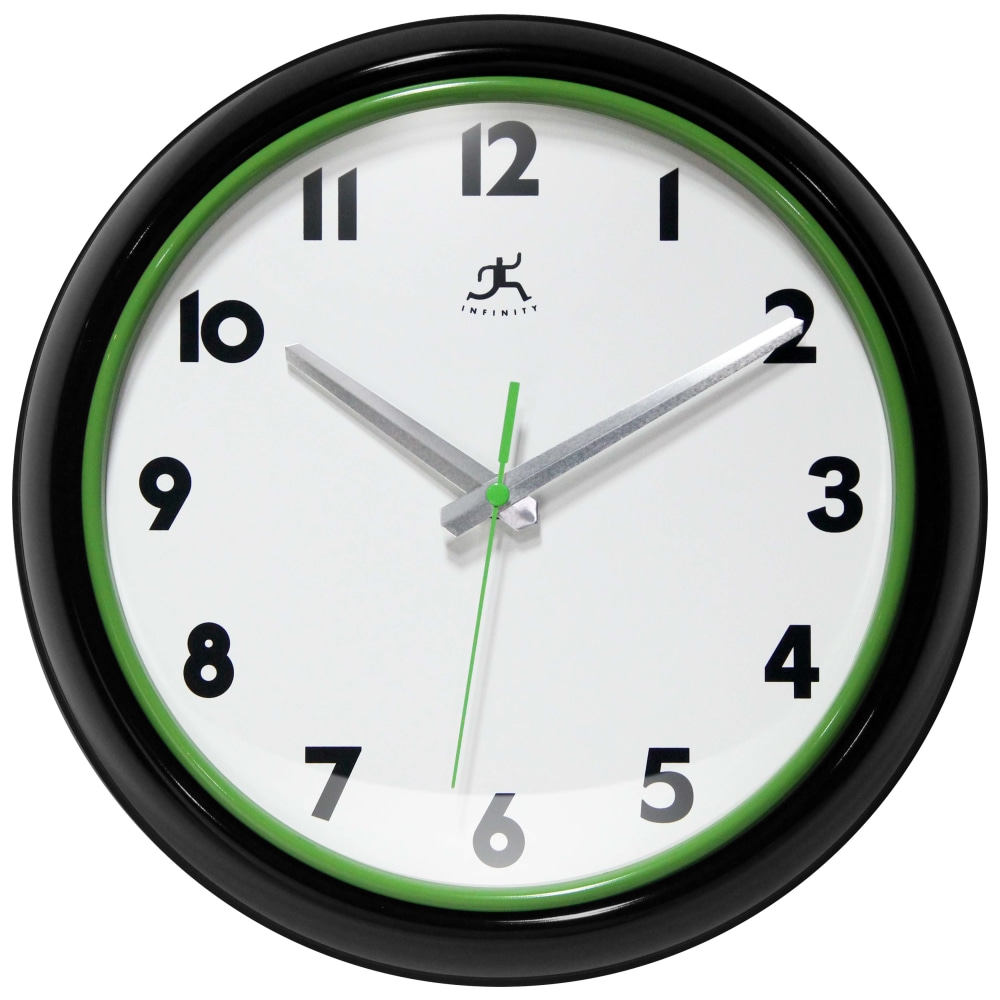 Infinity Instruments Lux Round Wall Clock, 12in, Black/Green MPN:14917BK-G3140