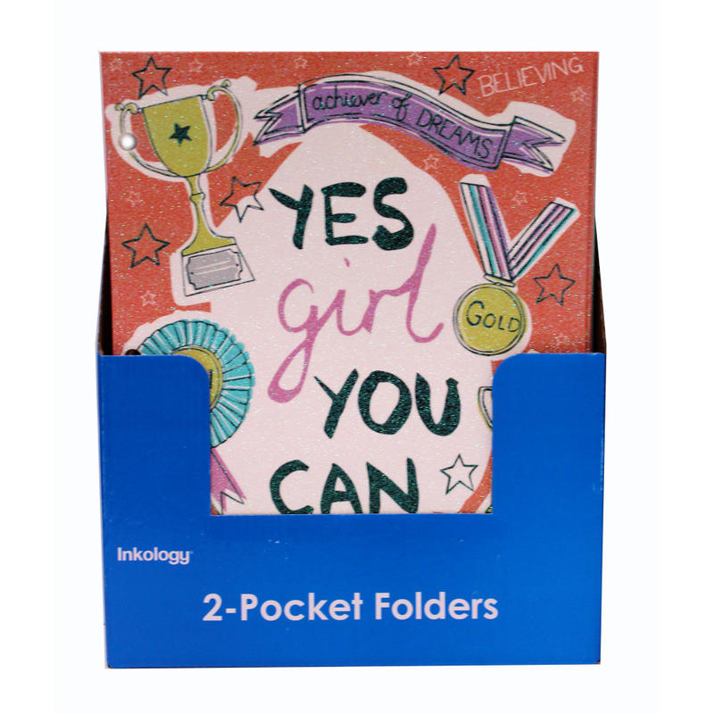 Inkology 2-Pocket Portfolios, Vicky Yorke Girl Squad Glitter Covered, 9-1/2in x 11-3/4in, Assorted Designs, Pack Of 24 Folders MPN:373-1PDQ