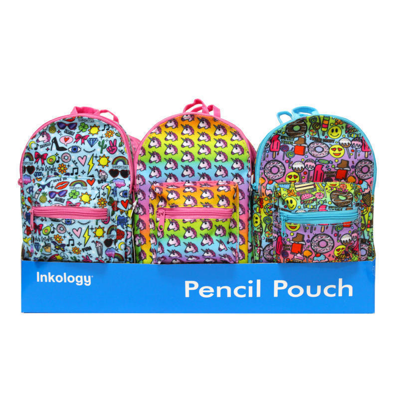 Inkology Corey Paige Mini Backpack Pencil Pouches, 7in x 10in, Assorted Designs, Pack Of 12 Pouches MPN:052-5PDQ
