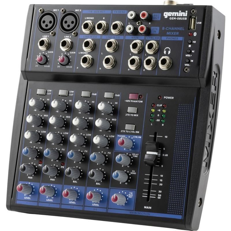 Gemini Sound GEM-08USB: COMPACT 8 Channel Bluetooth Mixer - Analog - 8 Channel(s) - USB - Bluetooth - Black, Blue MPN:GEM-08USB