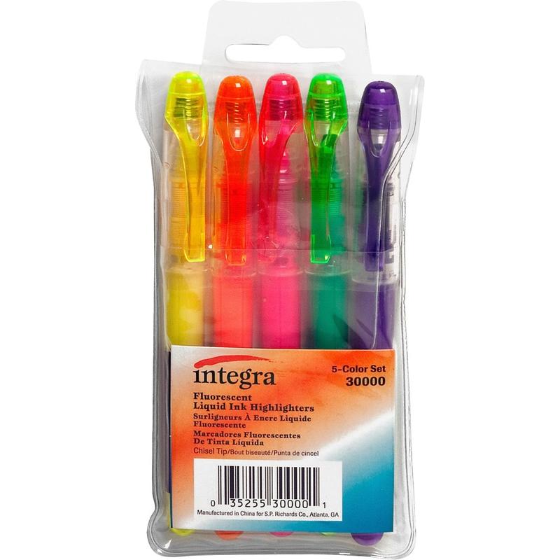 Integra Liquid Highlighters - Fine Marker Point - Chisel Marker Point Style - Assorted - 5 / Set (Min Order Qty 11) MPN:30000