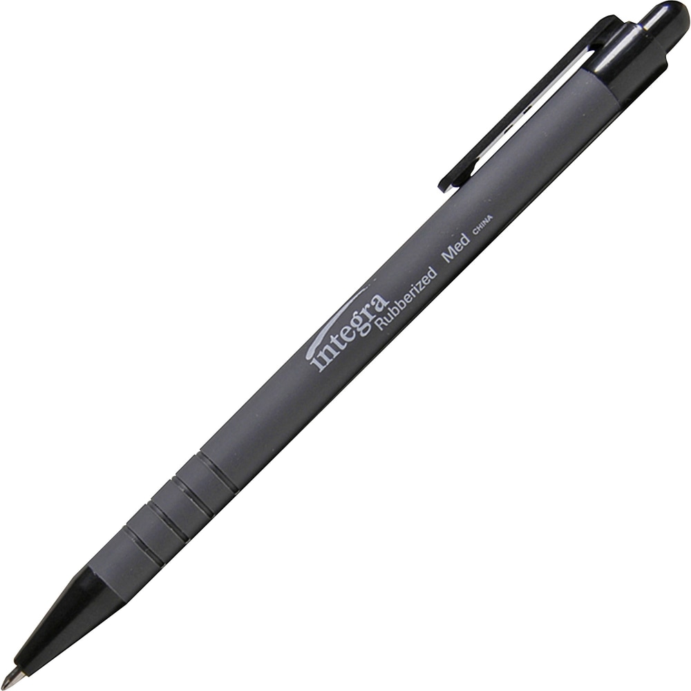 Integra Rubber Barrel Retractable Ballpoint Pens - Medium Pen Point - 1 mm Pen Point Size - Black - Rubber Barrel - 12 / Dozen MPN:30031