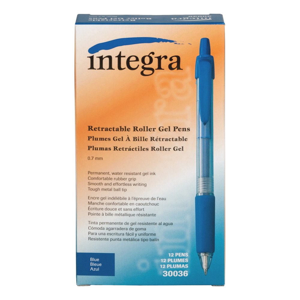 Integra Retractable Gel Pens, Medium Point, 0.7 mm, Blue Barrel, Blue Ink, Pack Of 12 Pens MPN:30036