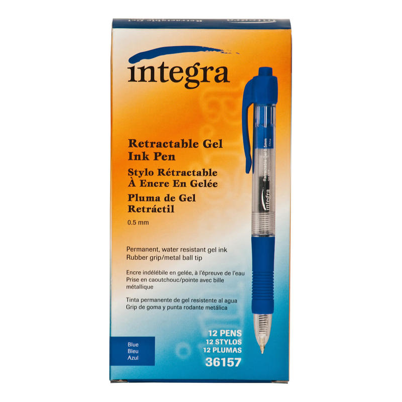 Integra Retractable Gel Pens, Fine Point, 0.5 mm, Blue Barrel, Blue Ink, Pack Of 12 Pens MPN:36157