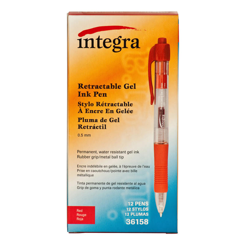 Integra Retractable Gel Pens, Fine Point, 0.5 mm, Red Barrel, Red Ink, Pack Of 12 Pens MPN:36158