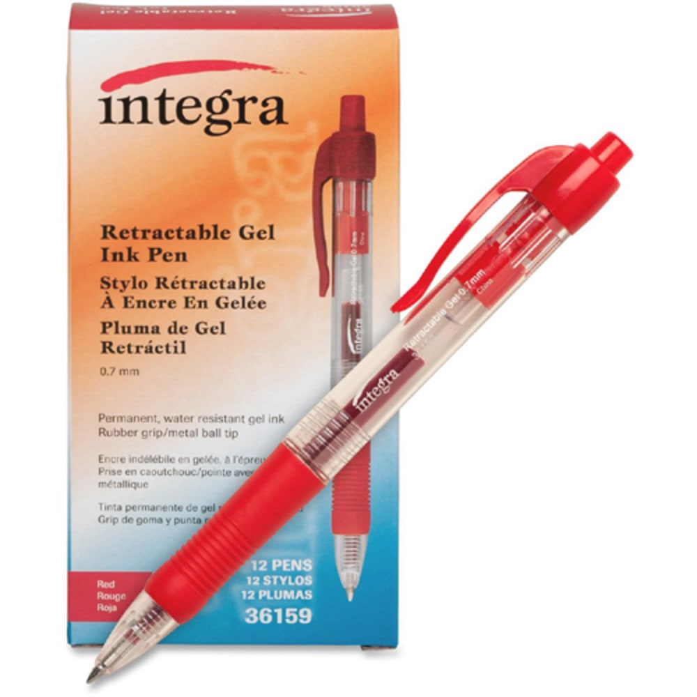 Integra Retractable Gel Pens, Medium Point, 0.7 mm, Red Barrel, Red Ink, Pack Of 12 Pens MPN:36159